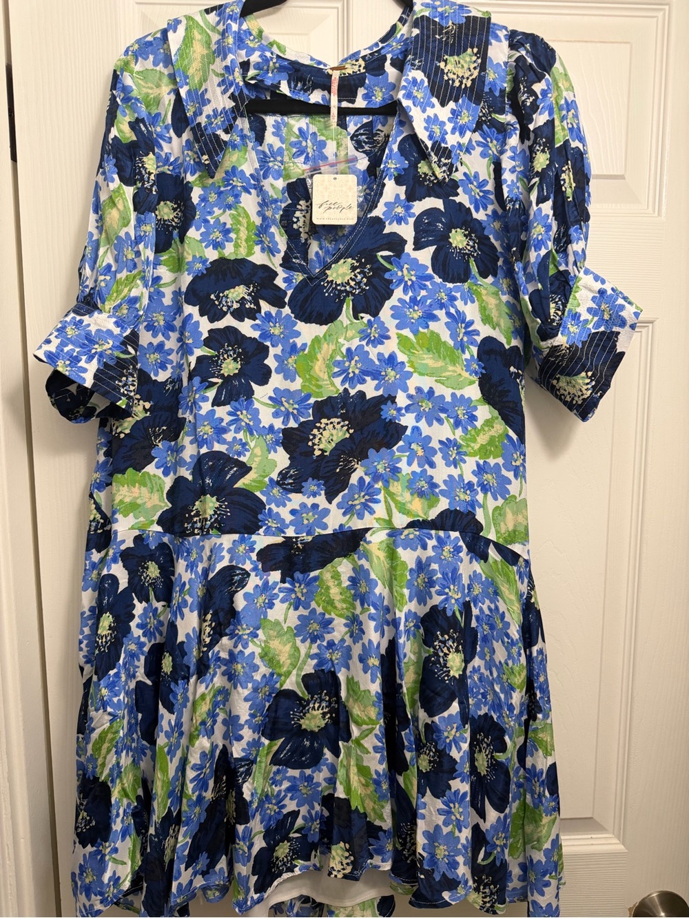 Free People Blue Floral Mini Dress with Green Accents